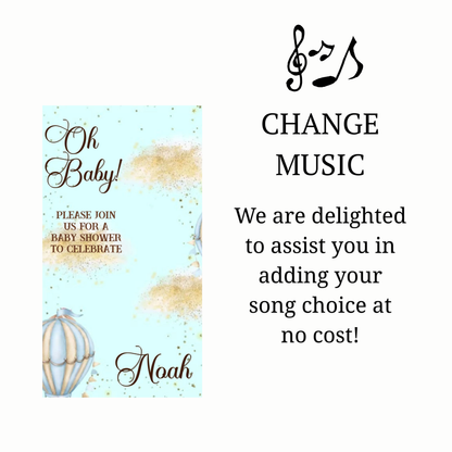 Editable blue hot air balloon boy baby shower baby shower video invitation displayed on a mobile phone, featuring an animated vertical digital invite with music, created in Canva. This premium video invitation template is designed for sharing by text, email, and social media and works with an interactive RSVP website for easy guest response tracking.