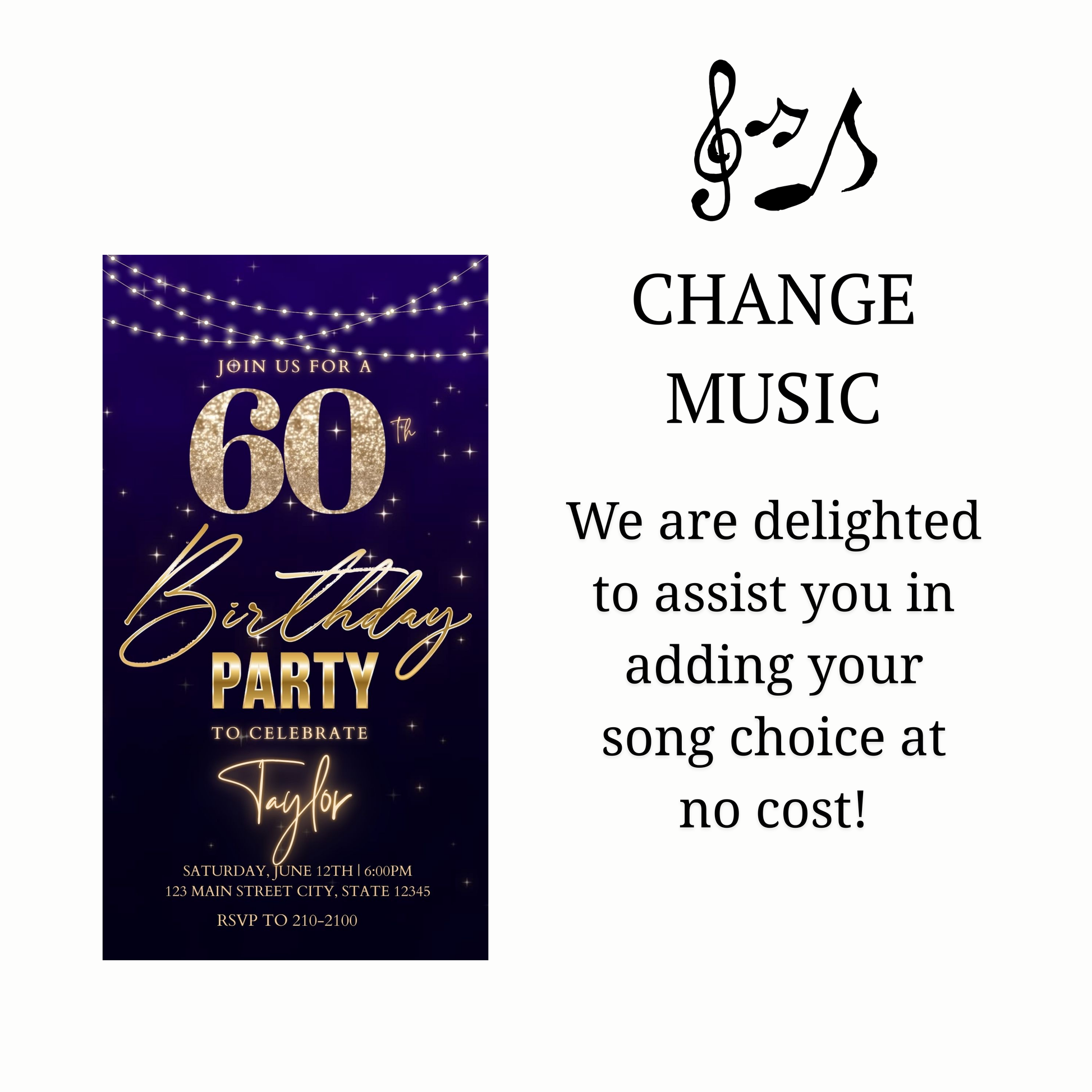 Editable purple gold starry 60th birthday birthday video invitation displayed on a mobile phone, featuring an animated vertical digital invite with music, created in Canva. This premium video invitation template is designed for sharing by text, email, and social media and works with an interactive RSVP website for easy guest response tracking.