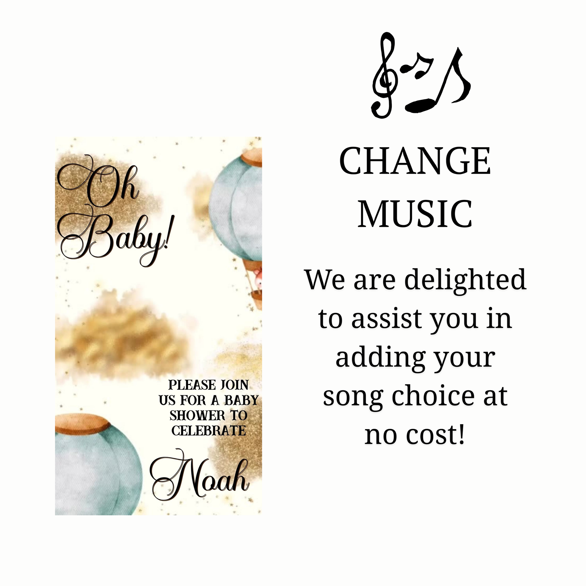 Editable woodland hot air balloon baby shower baby shower video invitation displayed on a mobile phone, featuring an animated vertical digital invite with music, created in Canva. This premium video invitation template is designed for sharing by text, email, and social media and works with an interactive RSVP website for easy guest response tracking.