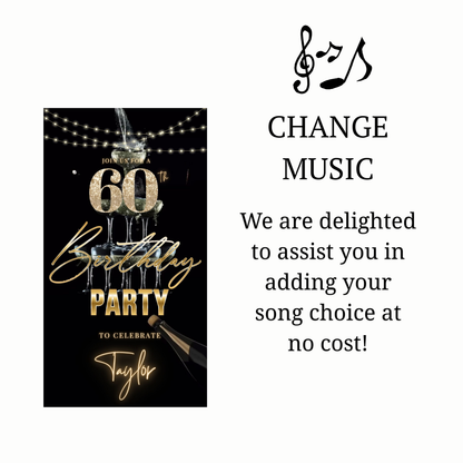 Editable black gold elegant 60th birthday birthday video invitation displayed on a mobile phone, featuring an animated vertical digital invite with music, created in Canva. This premium video invitation template is designed for sharing by text, email, and social media and works with an interactive RSVP website for easy guest response tracking.