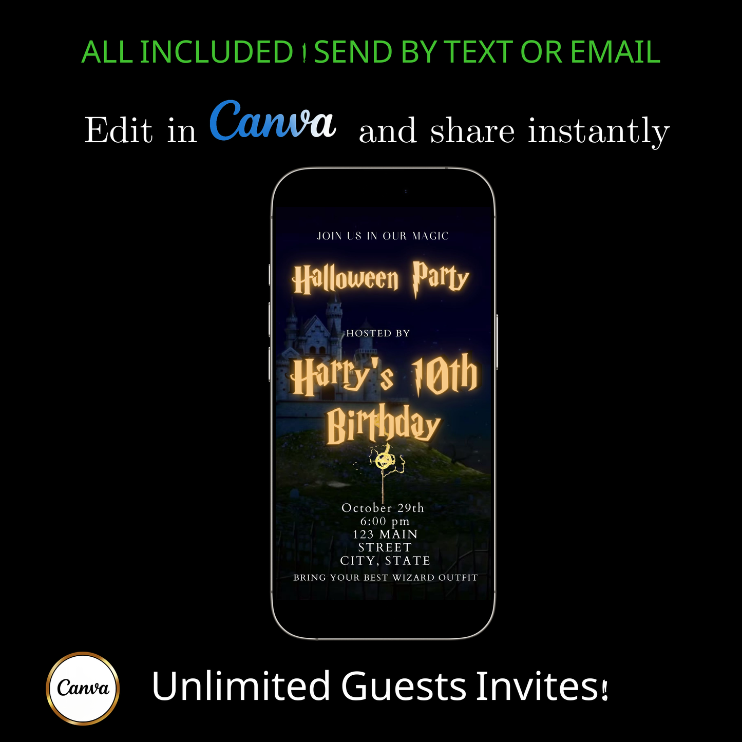 Editable wizard halloween birthday birthday video invitation displayed on a mobile phone, featuring an animated vertical digital invite with music, created in Canva. This premium video invitation template is designed for sharing by text, email, and social media and works with an interactive RSVP website for easy guest response tracking.