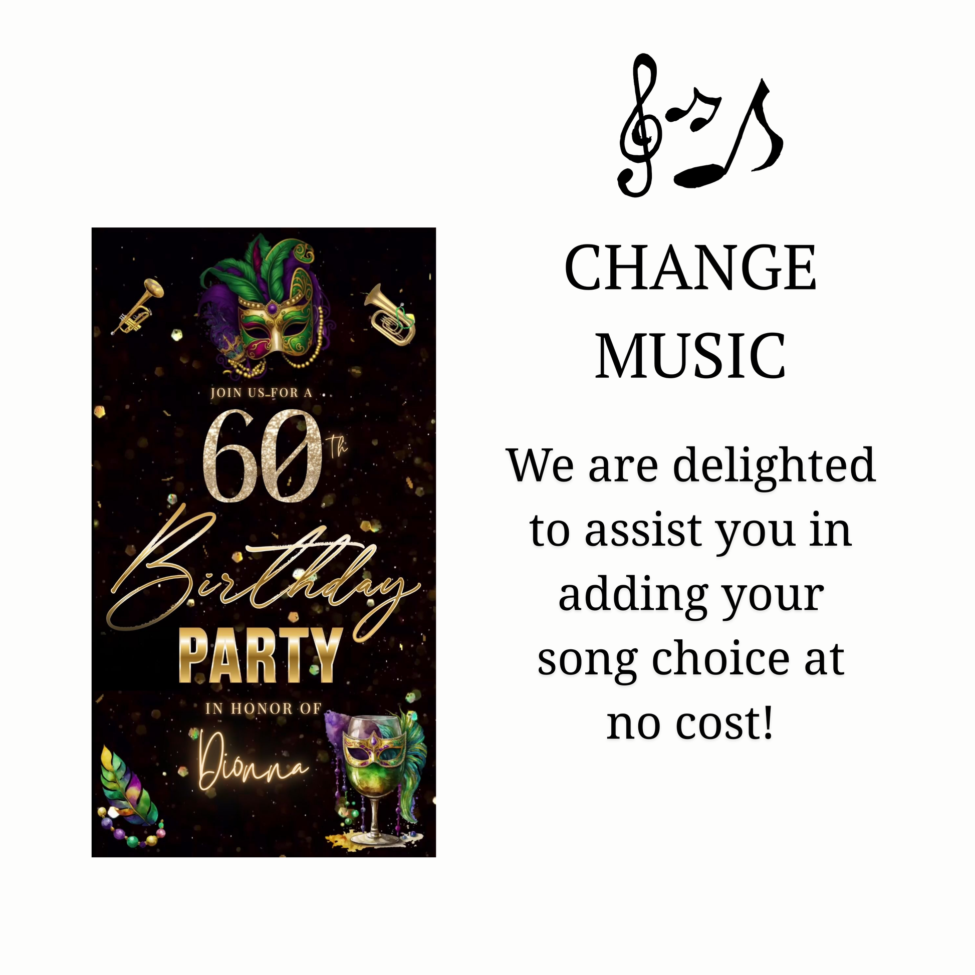 Editable masquerade mardi gras 60th birthday birthday video invitation displayed on a mobile phone, featuring an animated vertical digital invite with music, created in Canva. This premium video invitation template is designed for sharing by text, email, and social media and works with an interactive RSVP website for easy guest response tracking.