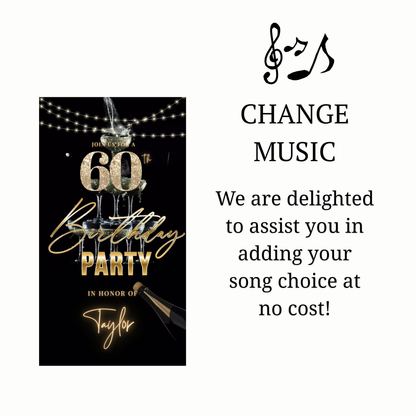 Editable luxury gold champagne 60th birthday birthday video invitation displayed on a mobile phone, featuring an animated vertical digital invite with music, created in Canva. This premium video invitation template is designed for sharing by text, email, and social media and works with an interactive RSVP website for easy guest response tracking.