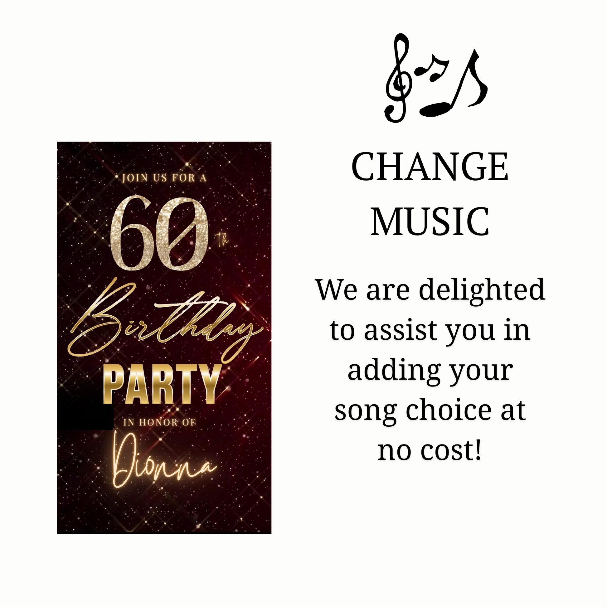 Editable maroon gold sparkle grid 60th birthday birthday video invitation displayed on a mobile phone, featuring an animated vertical digital invite with music, created in Canva. This premium video invitation template is designed for sharing by text, email, and social media and works with an interactive RSVP website for easy guest response tracking.