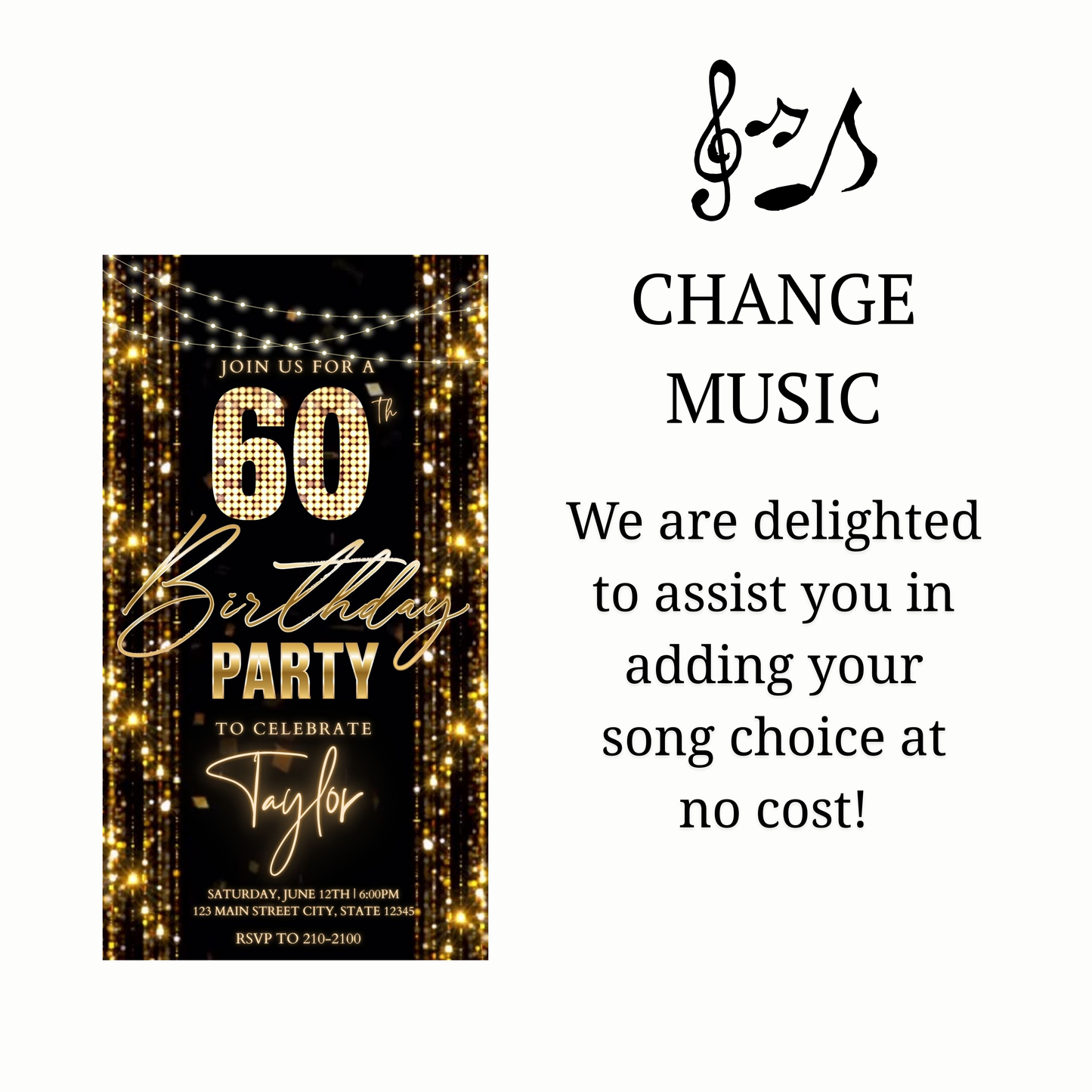 Editable gold glitter curtain 60th birthday birthday video invitation displayed on a mobile phone, featuring an animated vertical digital invite with music, created in Canva. This premium video invitation template is designed for sharing by text, email, and social media and works with an interactive RSVP website for easy guest response tracking.