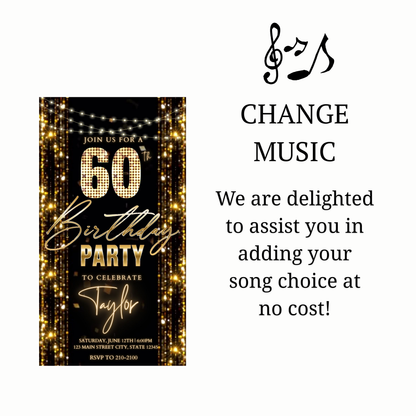 Editable gold glitter curtain 60th birthday birthday video invitation displayed on a mobile phone, featuring an animated vertical digital invite with music, created in Canva. This premium video invitation template is designed for sharing by text, email, and social media and works with an interactive RSVP website for easy guest response tracking.