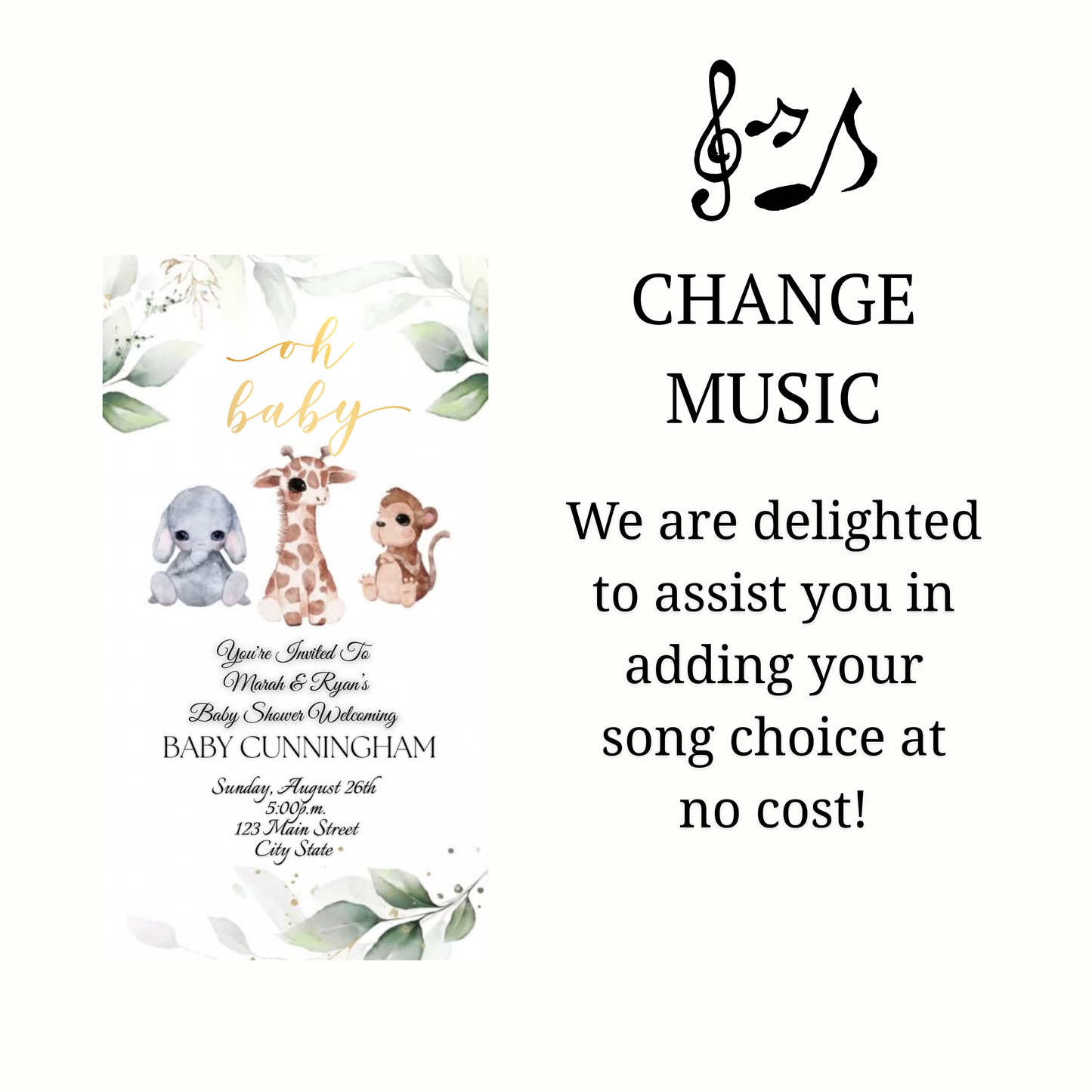 Editable safari baby shower baby shower video invitation displayed on a mobile phone, featuring an animated vertical digital invite with music, created in Canva. This premium video invitation template is designed for sharing by text, email, and social media and works with an interactive RSVP website for easy guest response tracking.