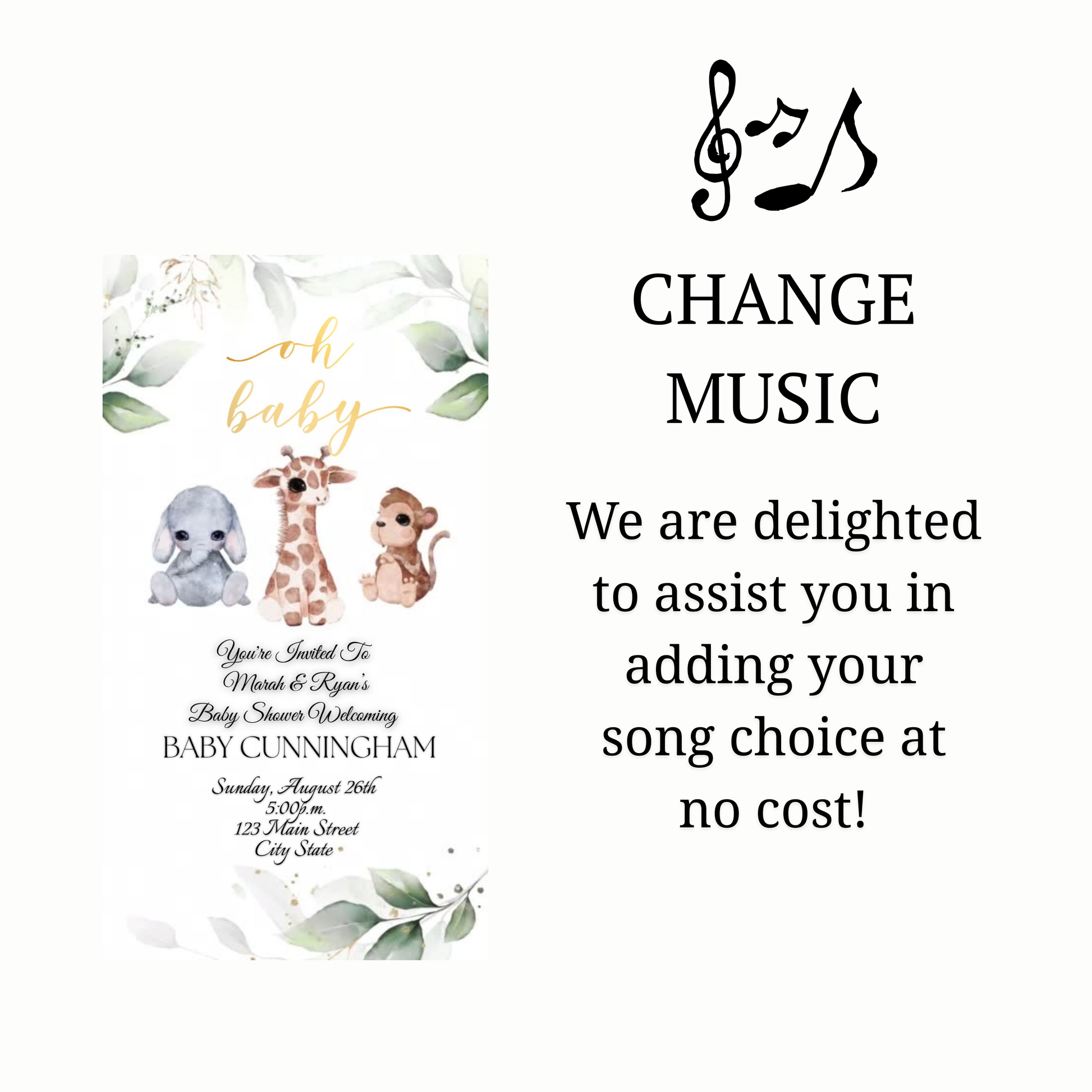 Editable safari baby shower baby shower video invitation displayed on a mobile phone, featuring an animated vertical digital invite with music, created in Canva. This premium video invitation template is designed for sharing by text, email, and social media and works with an interactive RSVP website for easy guest response tracking.