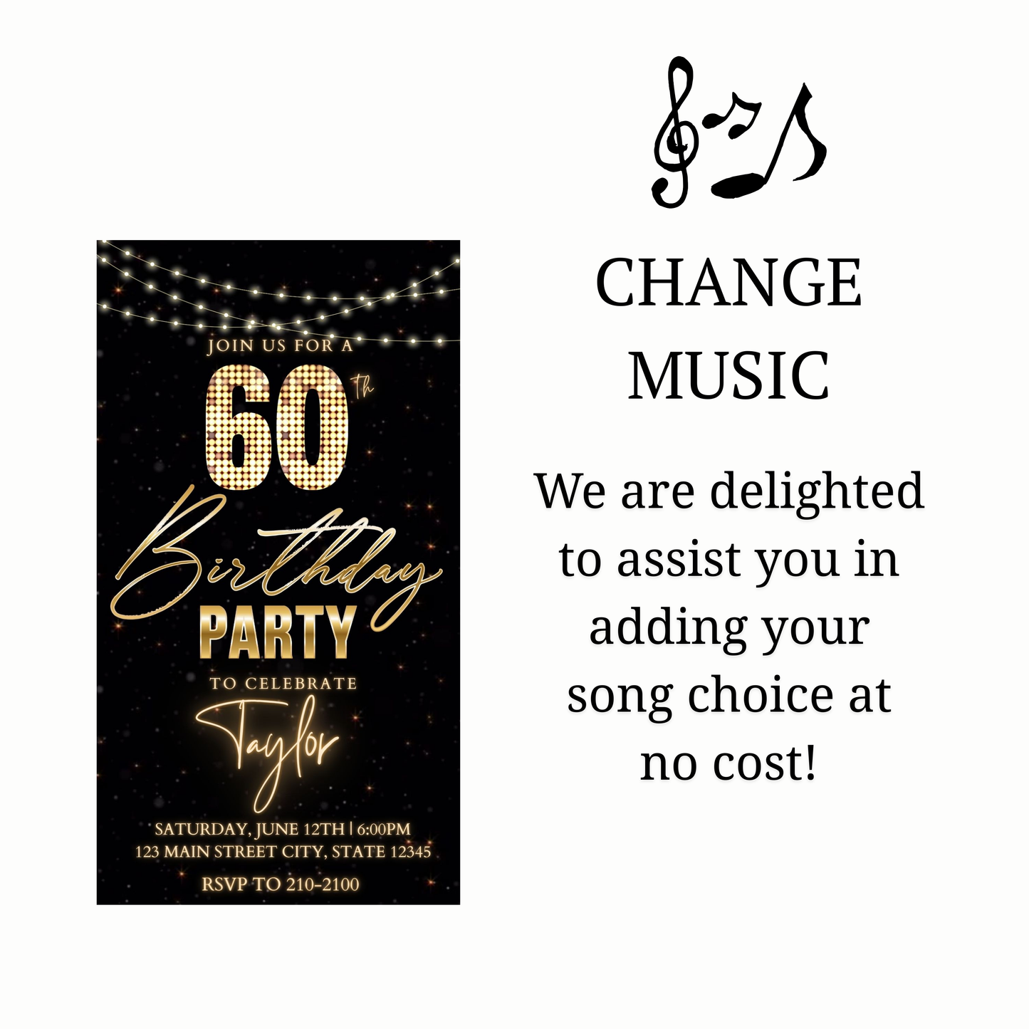 Editable black gold starry 60th birthday birthday video invitation displayed on a mobile phone, featuring an animated vertical digital invite with music, created in Canva. This premium video invitation template is designed for sharing by text, email, and social media and works with an interactive RSVP website for easy guest response tracking.