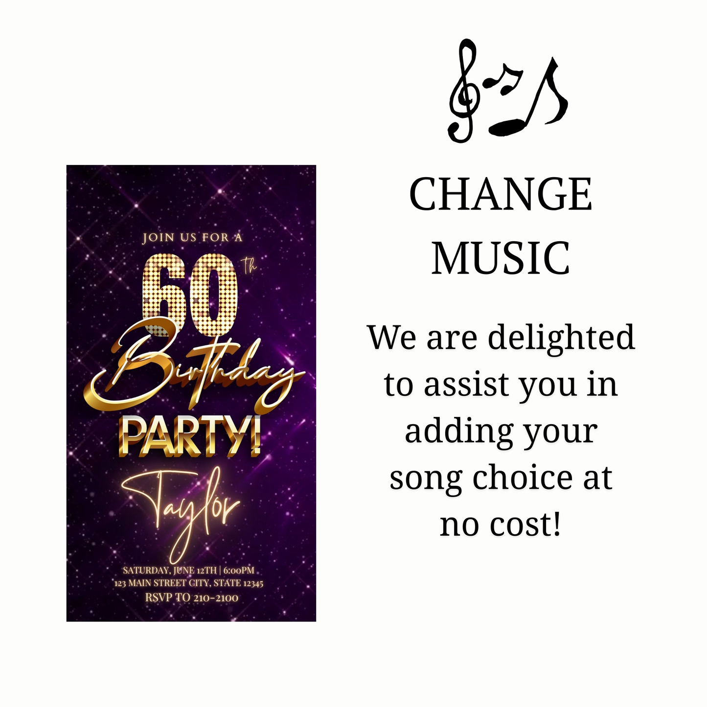 Editable purple gold sparkle 60th birthday birthday video invitation displayed on a mobile phone, featuring an animated vertical digital invite with music, created in Canva. This premium video invitation template is designed for sharing by text, email, and social media and works with an interactive RSVP website for easy guest response tracking.