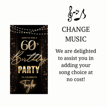 Editable black gold elegant 60th birthday birthday video invitation displayed on a mobile phone, featuring an animated vertical digital invite with music, created in Canva. This premium video invitation template is designed for sharing by text, email, and social media and works with an interactive RSVP website for easy guest response tracking.
