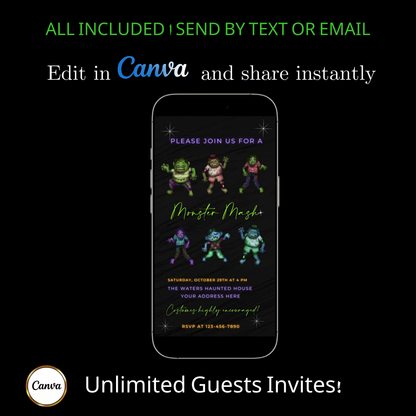 Editable monster mash halloween party party video invitation displayed on a mobile phone, featuring an animated vertical digital invite with music, created in Canva. This premium video invitation template is designed for sharing by text, email, and social media and works with an interactive RSVP website for easy guest response tracking.