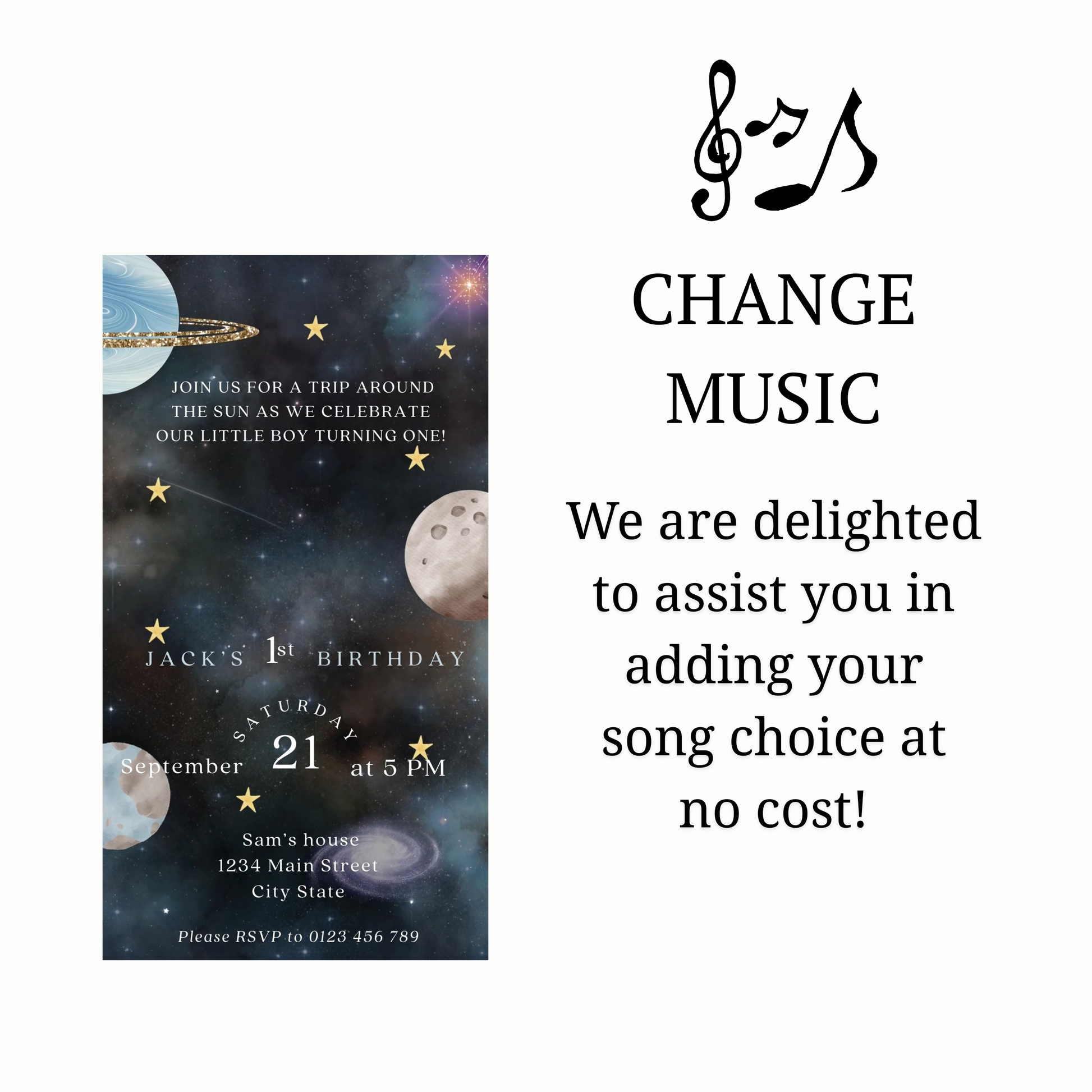 Editable space 1st birthday birthday video invitation displayed on a mobile phone, featuring an animated vertical digital invite with music, created in Canva. This premium video invitation template is designed for sharing by text, email, and social media and works with an interactive RSVP website for easy guest response tracking.