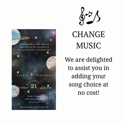 Editable space 1st birthday birthday video invitation displayed on a mobile phone, featuring an animated vertical digital invite with music, created in Canva. This premium video invitation template is designed for sharing by text, email, and social media and works with an interactive RSVP website for easy guest response tracking.