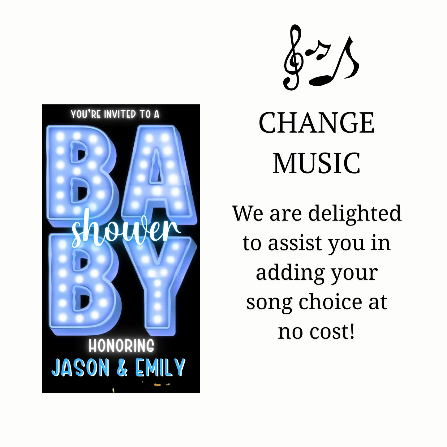 Editable blue marquee boy baby shower baby shower video invitation displayed on a mobile phone, featuring an animated vertical digital invite with music, created in Canva. This premium video invitation template is designed for sharing by text, email, and social media and works with an interactive RSVP website for easy guest response tracking.