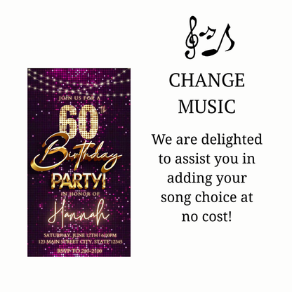 Editable violet sequin gold 60th birthday birthday video invitation displayed on a mobile phone, featuring an animated vertical digital invite with music, created in Canva. This premium video invitation template is designed for sharing by text, email, and social media and works with an interactive RSVP website for easy guest response tracking.