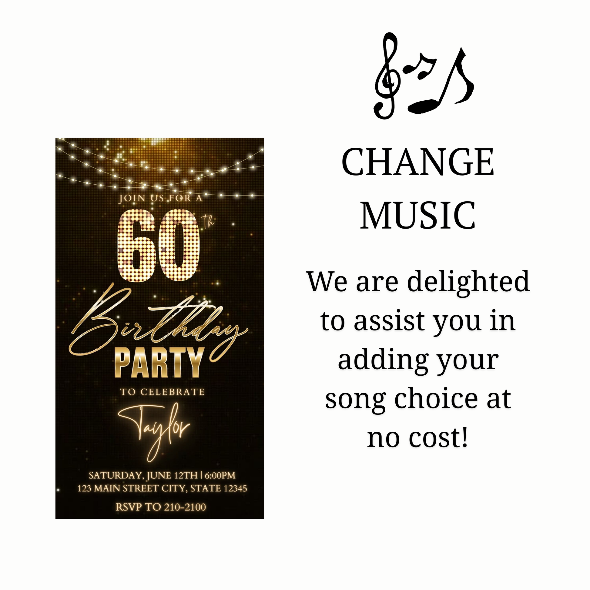 Editable bronze glitter 60th birthday birthday video invitation displayed on a mobile phone, featuring an animated vertical digital invite with music, created in Canva. This premium video invitation template is designed for sharing by text, email, and social media and works with an interactive RSVP website for easy guest response tracking.