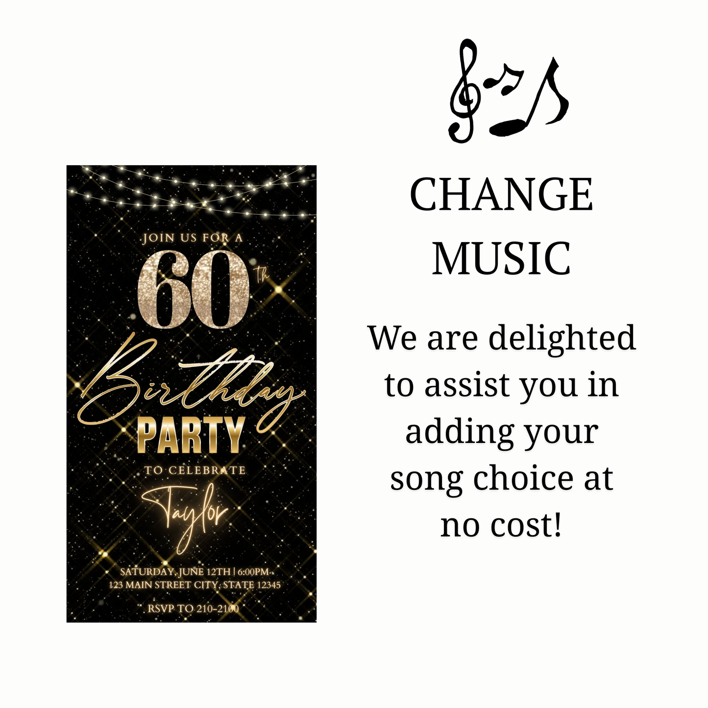 Editable gold sparkle grid 60th birthday birthday video invitation displayed on a mobile phone, featuring an animated vertical digital invite with music, created in Canva. This premium video invitation template is designed for sharing by text, email, and social media and works with an interactive RSVP website for easy guest response tracking.