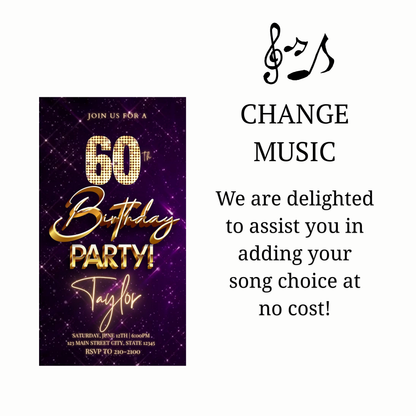 Editable purple gold elegant 60th birthday birthday video invitation displayed on a mobile phone, featuring an animated vertical digital invite with music, created in Canva. This premium video invitation template is designed for sharing by text, email, and social media and works with an interactive RSVP website for easy guest response tracking.