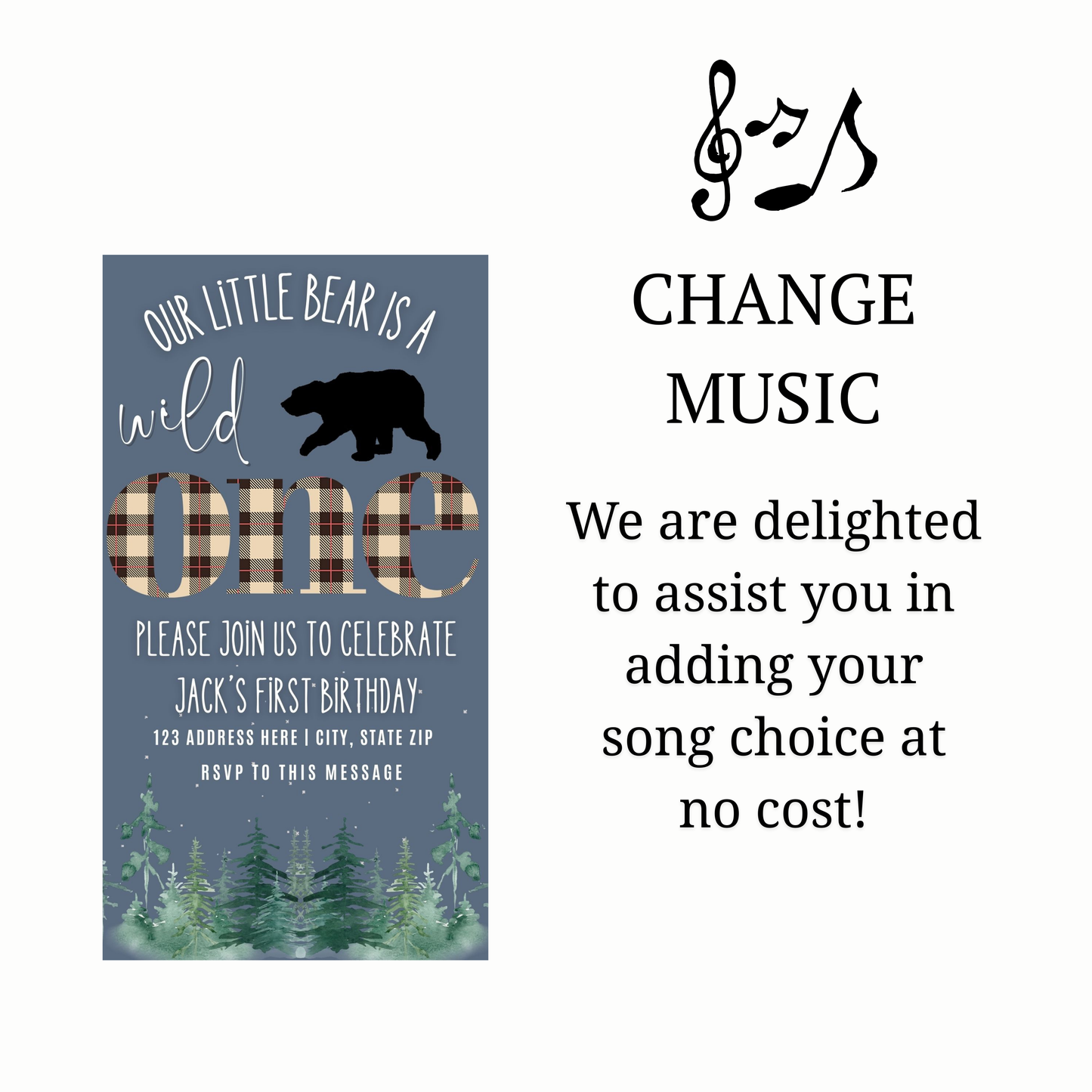 Editable wild one bear birthday birthday video invitation displayed on a mobile phone, featuring an animated vertical digital invite with music, created in Canva. This premium video invitation template is designed for sharing by text, email, and social media and works with an interactive RSVP website for easy guest response tracking.