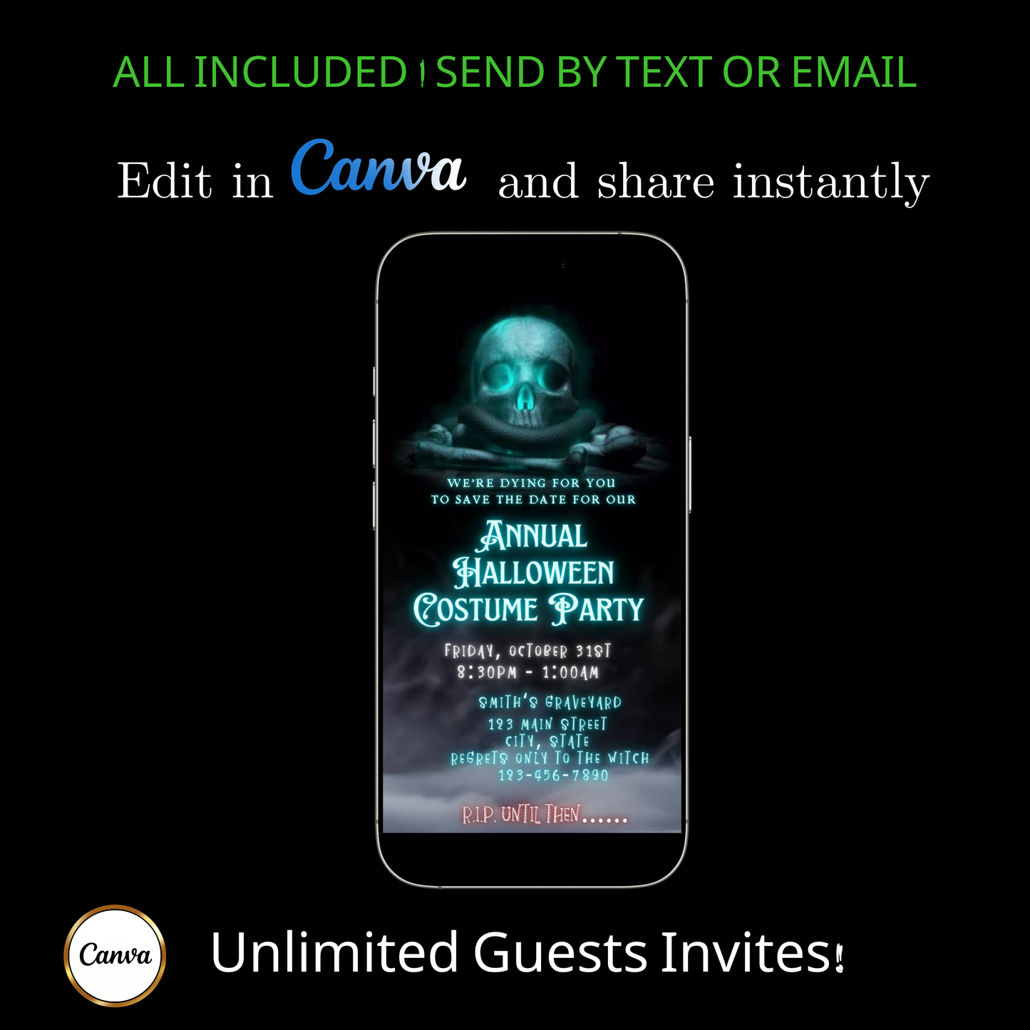 Editable spooky halloween costume party party video invitation displayed on a mobile phone, featuring an animated vertical digital invite with music, created in Canva. This premium video invitation template is designed for sharing by text, email, and social media and works with an interactive RSVP website for easy guest response tracking.