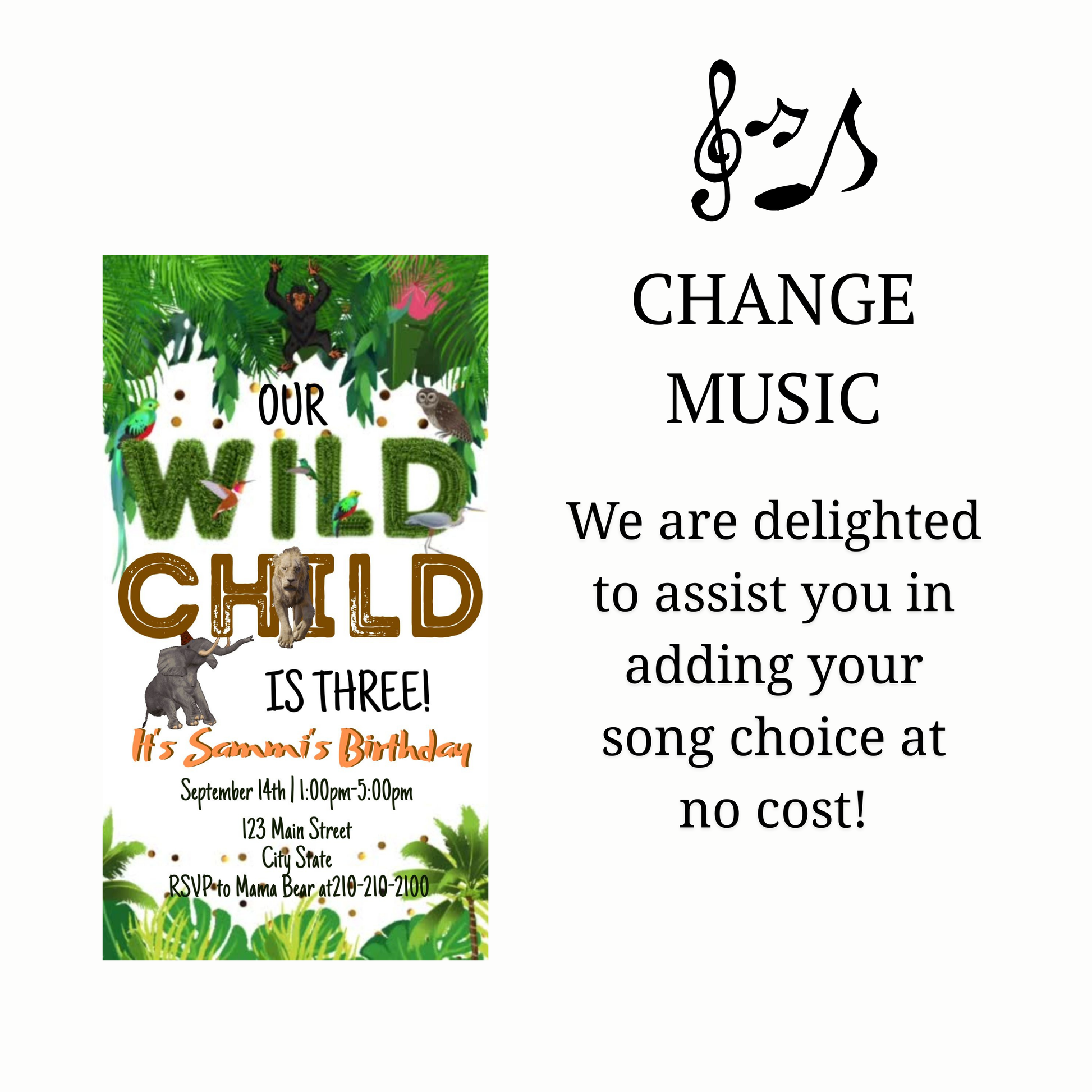 Editable wild jungle birthday birthday video invitation displayed on a mobile phone, featuring an animated vertical digital invite with music, created in Canva. This premium video invitation template is designed for sharing by text, email, and social media and works with an interactive RSVP website for easy guest response tracking.