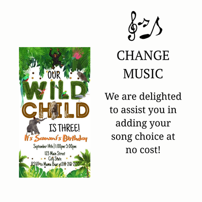 Editable wild jungle birthday birthday video invitation displayed on a mobile phone, featuring an animated vertical digital invite with music, created in Canva. This premium video invitation template is designed for sharing by text, email, and social media and works with an interactive RSVP website for easy guest response tracking.