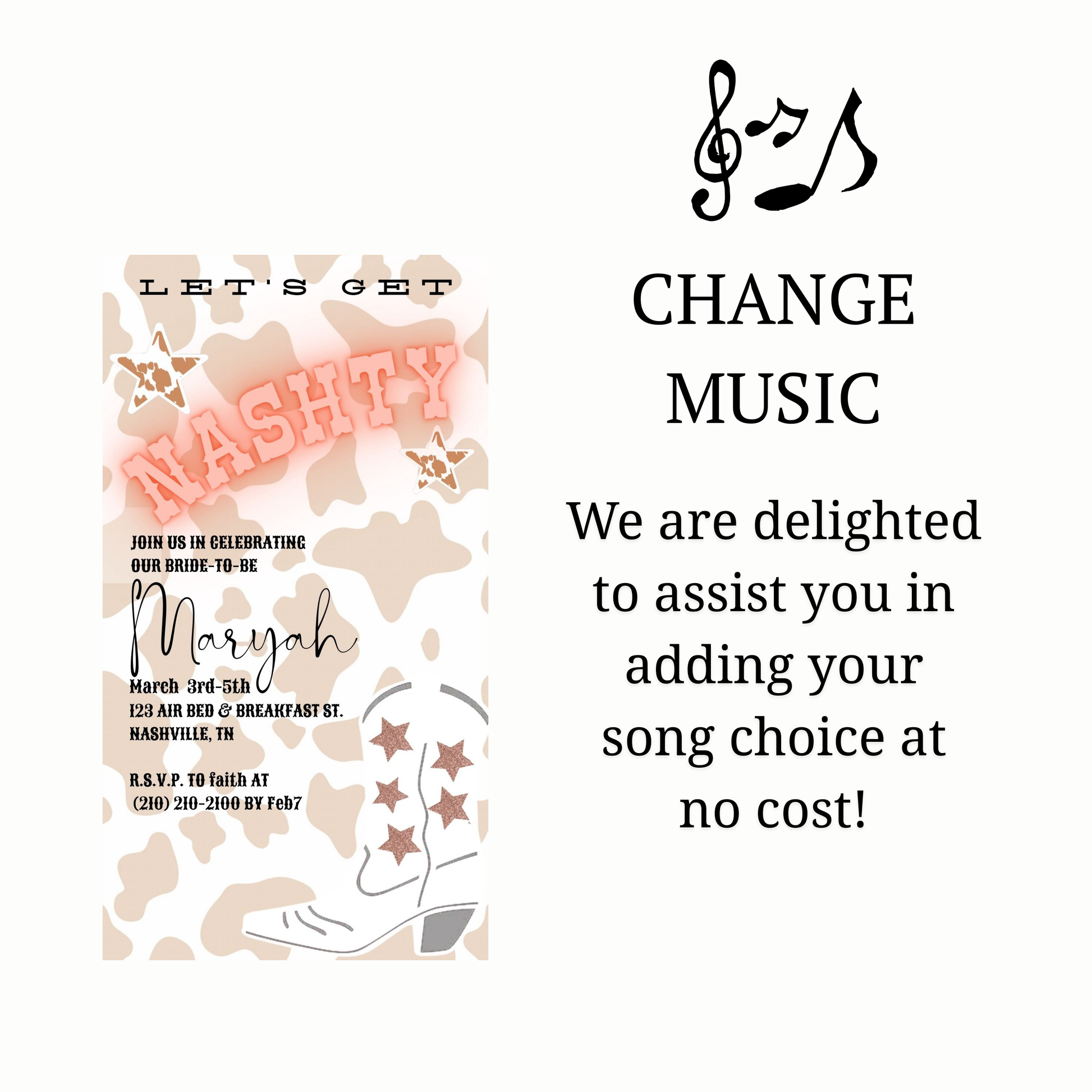 Editable cowgirl nashville bachelorette party party video invitation displayed on a mobile phone, featuring an animated vertical digital invite with music, created in Canva. This premium video invitation template is designed for sharing by text, email, and social media and works with an interactive RSVP website for easy guest response tracking.
