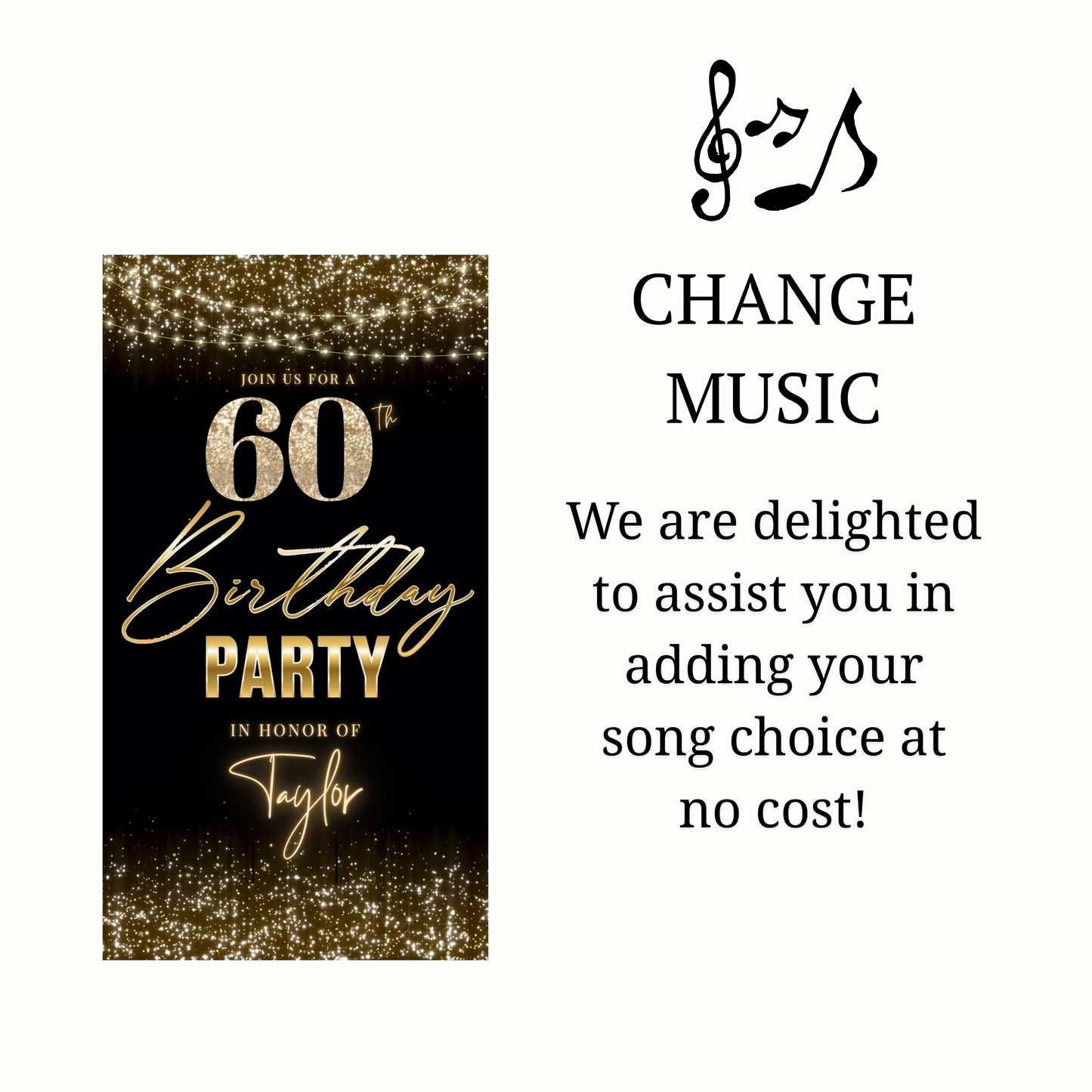 Editable gold sparkle 60th birthday birthday video invitation displayed on a mobile phone, featuring an animated vertical digital invite with music, created in Canva. This premium video invitation template is designed for sharing by text, email, and social media and works with an interactive RSVP website for easy guest response tracking.