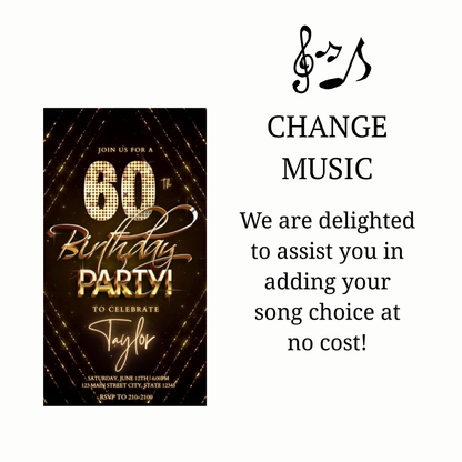 Editable gold glitter 60th birthday birthday video invitation displayed on a mobile phone, featuring an animated vertical digital invite with music, created in Canva. This premium video invitation template is designed for sharing by text, email, and social media and works with an interactive RSVP website for easy guest response tracking.