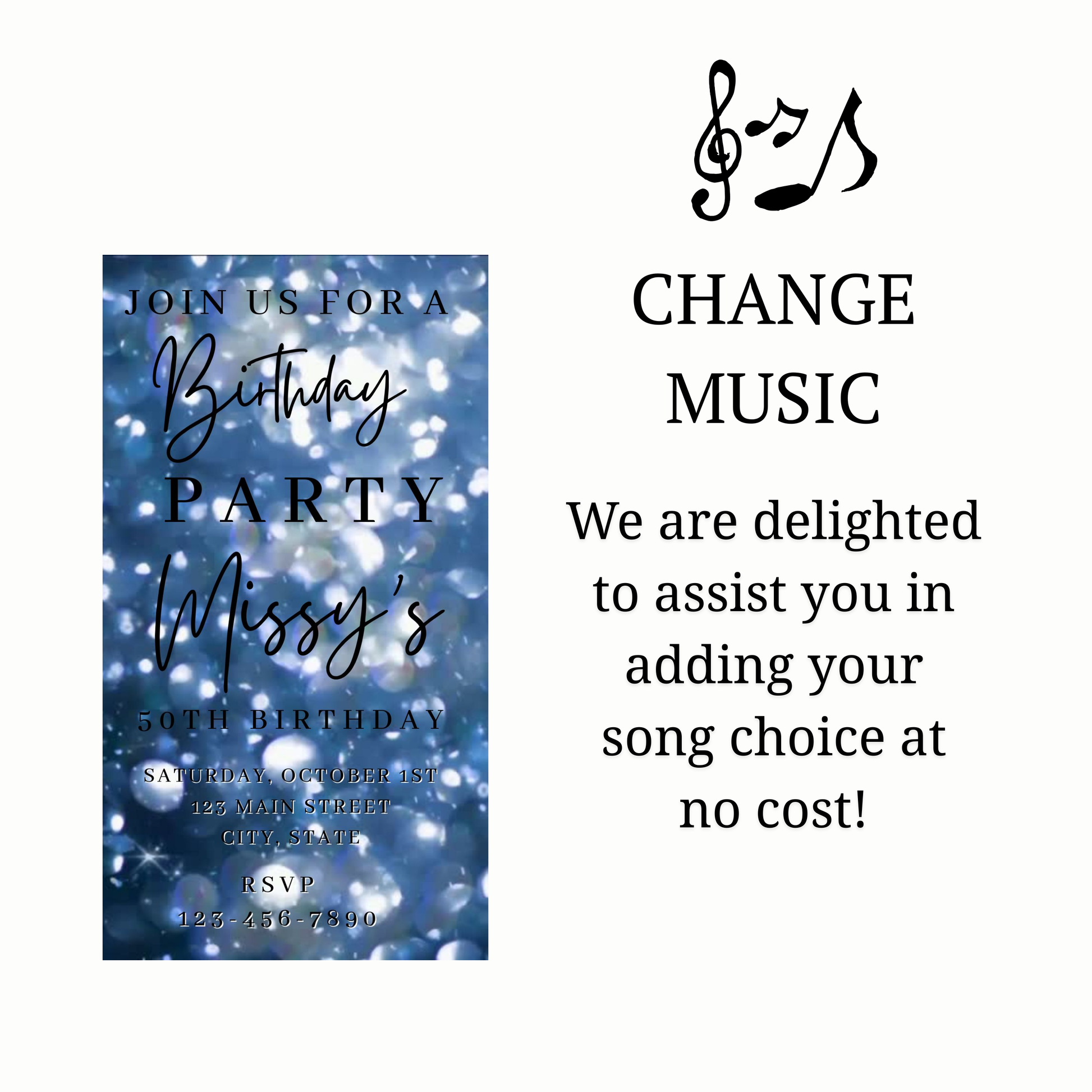 Editable blue bokeh 50th birthday birthday video invitation displayed on a mobile phone, featuring an animated vertical digital invite with music, created in Canva. This premium video invitation template is designed for sharing by text, email, and social media and works with an interactive RSVP website for easy guest response tracking.