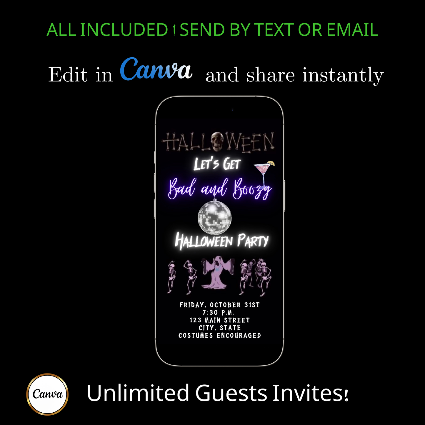 Editable neon boozy halloween party party video invitation displayed on a mobile phone, featuring an animated vertical digital invite with music, created in Canva. This premium video invitation template is designed for sharing by text, email, and social media and works with an interactive RSVP website for easy guest response tracking.