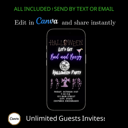 Editable neon boozy halloween party party video invitation displayed on a mobile phone, featuring an animated vertical digital invite with music, created in Canva. This premium video invitation template is designed for sharing by text, email, and social media and works with an interactive RSVP website for easy guest response tracking.
