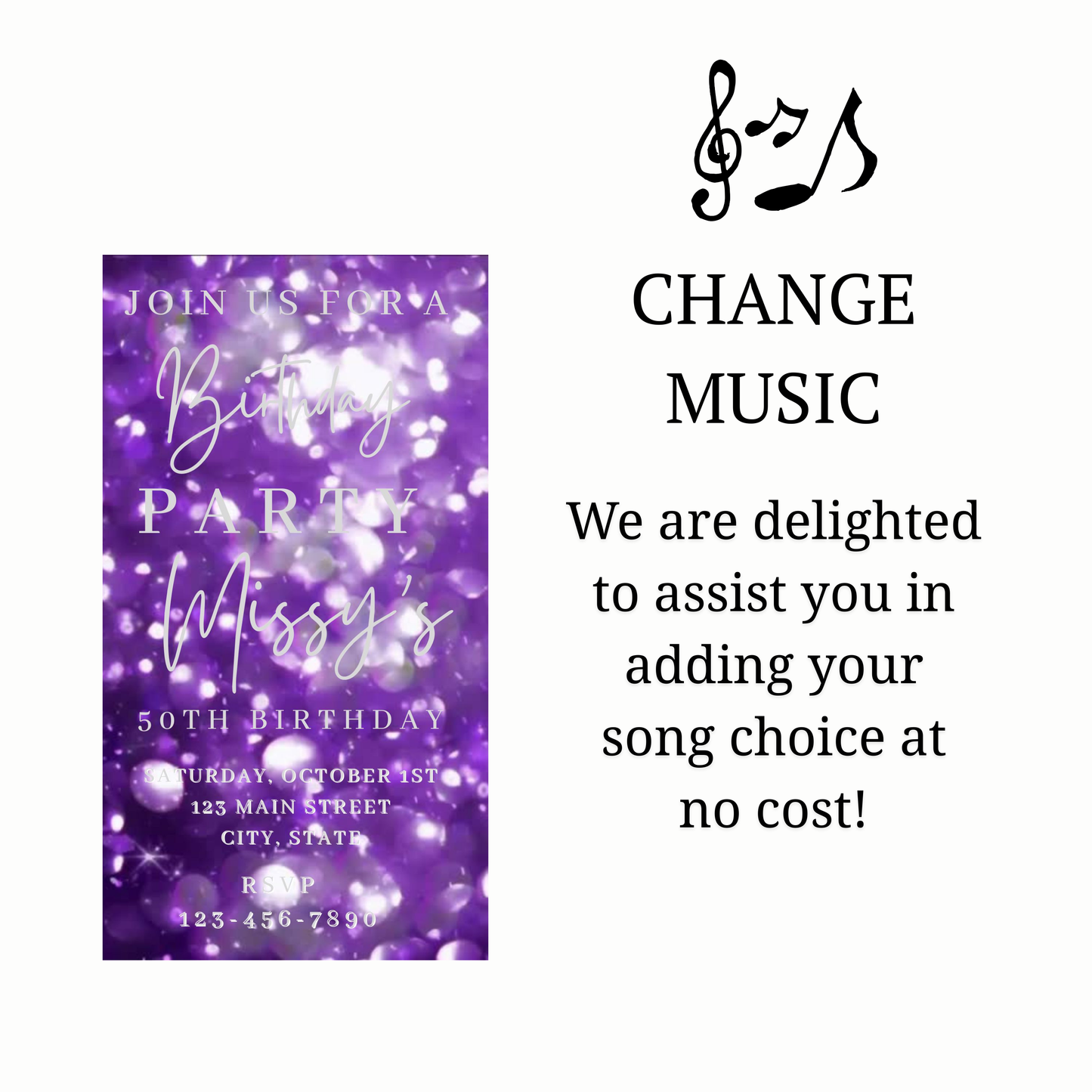Editable purple bokeh 50th birthday birthday video invitation displayed on a mobile phone, featuring an animated vertical digital invite with music, created in Canva. This premium video invitation template is designed for sharing by text, email, and social media and works with an interactive RSVP website for easy guest response tracking.