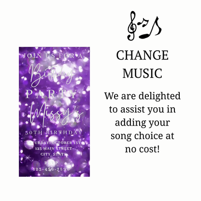 Editable purple bokeh 50th birthday birthday video invitation displayed on a mobile phone, featuring an animated vertical digital invite with music, created in Canva. This premium video invitation template is designed for sharing by text, email, and social media and works with an interactive RSVP website for easy guest response tracking.