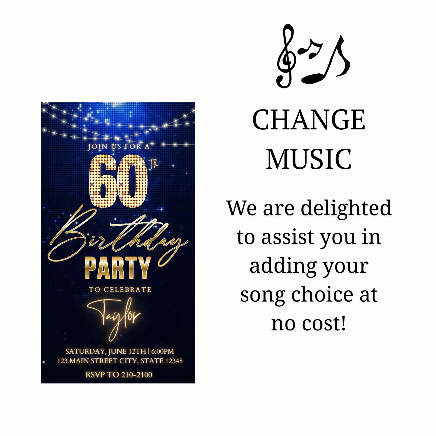 Editable royal blue gold sparkle 60th birthday birthday video invitation displayed on a mobile phone, featuring an animated vertical digital invite with music, created in Canva. This premium video invitation template is designed for sharing by text, email, and social media and works with an interactive RSVP website for easy guest response tracking.