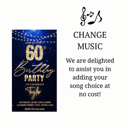 Editable royal blue gold sparkle 60th birthday birthday video invitation displayed on a mobile phone, featuring an animated vertical digital invite with music, created in Canva. This premium video invitation template is designed for sharing by text, email, and social media and works with an interactive RSVP website for easy guest response tracking.