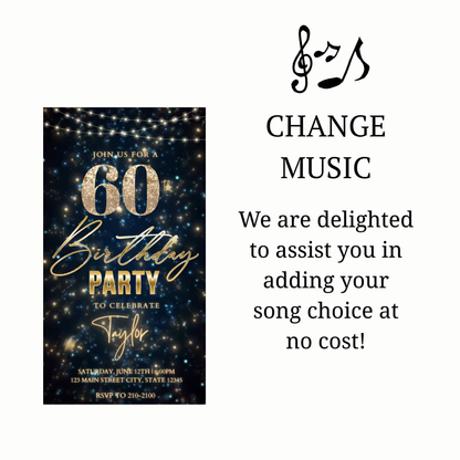 Editable teal gold sparkle 60th birthday birthday video invitation displayed on a mobile phone, featuring an animated vertical digital invite with music, created in Canva. This premium video invitation template is designed for sharing by text, email, and social media and works with an interactive RSVP website for easy guest response tracking.