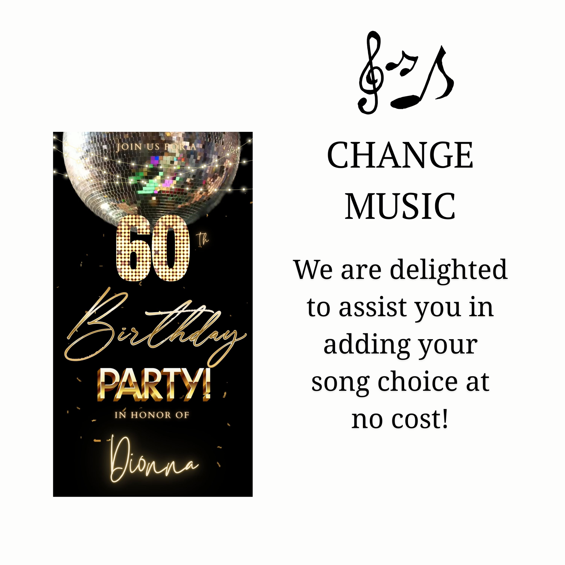 Editable disco ball gold 60th birthday birthday video invitation displayed on a mobile phone, featuring an animated vertical digital invite with music, created in Canva. This premium video invitation template is designed for sharing by text, email, and social media and works with an interactive RSVP website for easy guest response tracking.