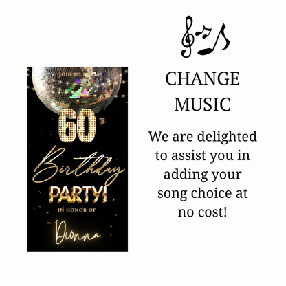 Editable disco ball gold 60th birthday birthday video invitation displayed on a mobile phone, featuring an animated vertical digital invite with music, created in Canva. This premium video invitation template is designed for sharing by text, email, and social media and works with an interactive RSVP website for easy guest response tracking.