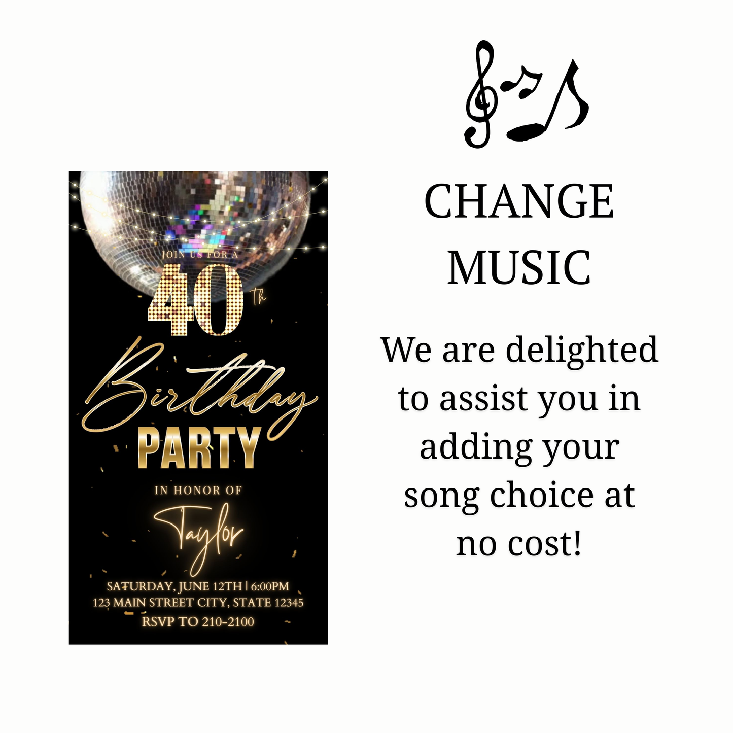 Editable black gold disco 40th birthday birthday video invitation displayed on a mobile phone, featuring an animated vertical digital invite with music, created in Canva. This premium video invitation template is designed for sharing by text, email, and social media and works with an interactive RSVP website for easy guest response tracking.