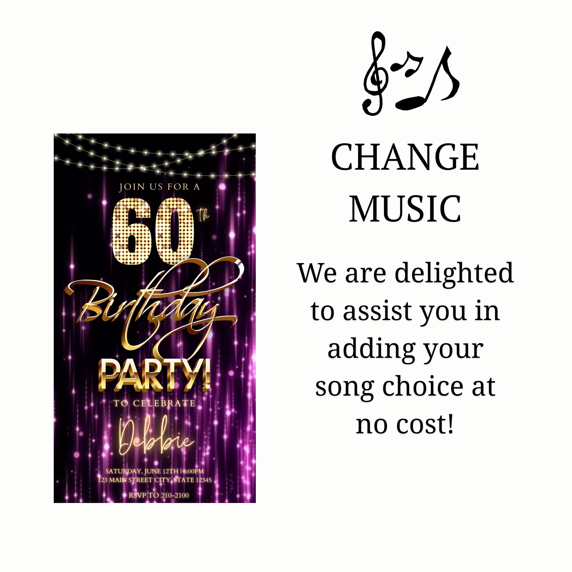 Editable purple gold glam 60th birthday birthday video invitation displayed on a mobile phone, featuring an animated vertical digital invite with music, created in Canva. This premium video invitation template is designed for sharing by text, email, and social media and works with an interactive RSVP website for easy guest response tracking.