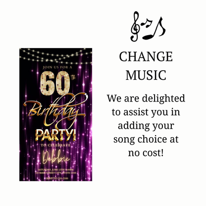 Editable purple gold glam 60th birthday birthday video invitation displayed on a mobile phone, featuring an animated vertical digital invite with music, created in Canva. This premium video invitation template is designed for sharing by text, email, and social media and works with an interactive RSVP website for easy guest response tracking.