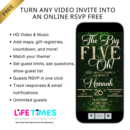 Green and Gold 50th Birthday Video Invitation –  RSVP tracking website - Editable Canva Animated Invite
