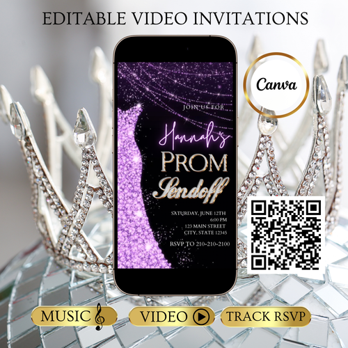 Purple Prom Send Off Video Invitation – Editable Canva Animated Invite