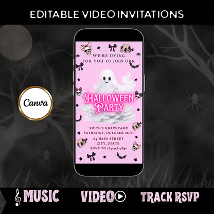 Halloween Video Invitation, Pink Ghost Animated Invite, Editable Halloween Party Mobile Evite