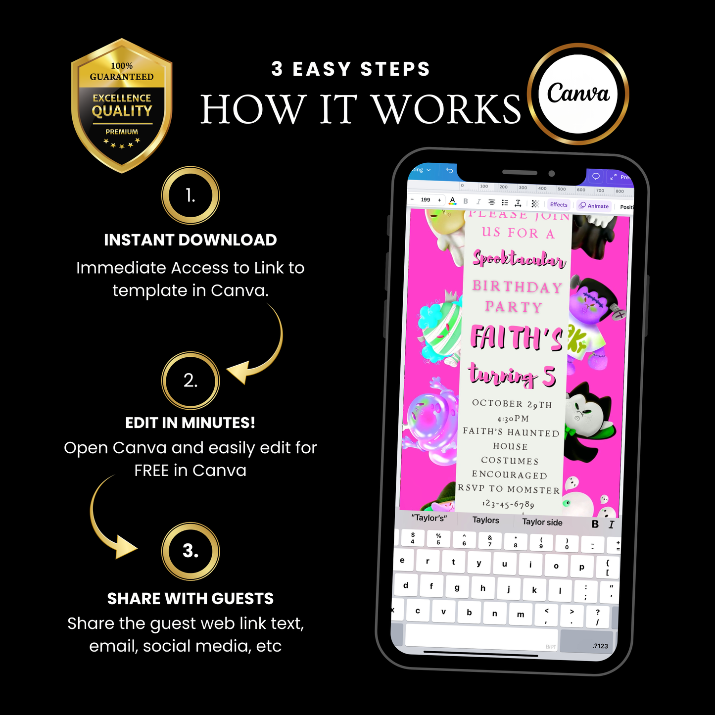 Halloween-Videoeinladung, animierte Einladung „Pink Little Monsters“, bearbeitbare mobile Einladung zur Halloween-Party