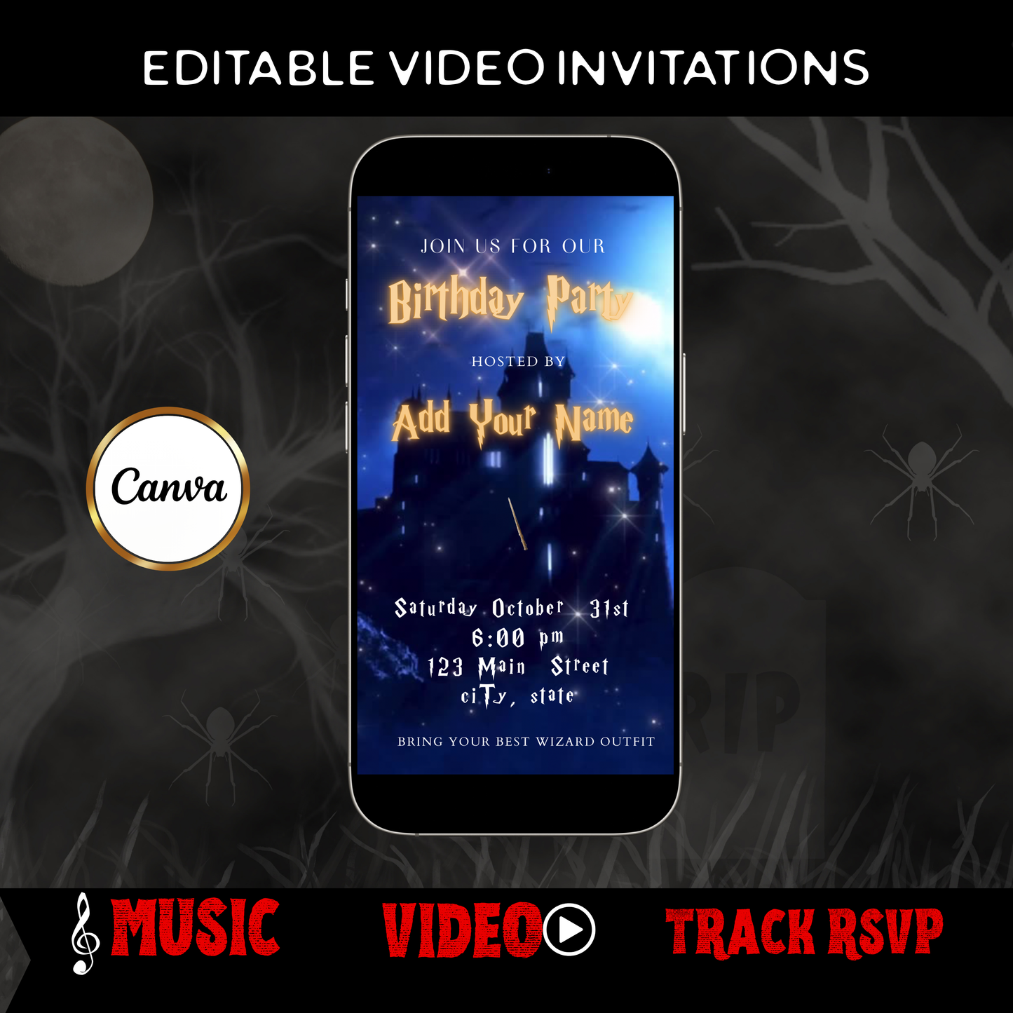Halloween-Videoeinladung, animierte Harry-Potter-Einladung, bearbeitbare mobile Halloween-Party-Einladung