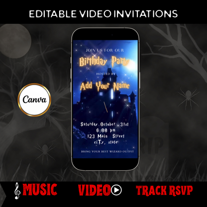 Halloween-Videoeinladung, animierte Harry-Potter-Einladung, bearbeitbare mobile Halloween-Party-Einladung