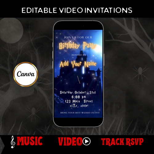 Halloween-Videoeinladung, animierte Harry-Potter-Einladung, bearbeitbare mobile Halloween-Party-Einladung